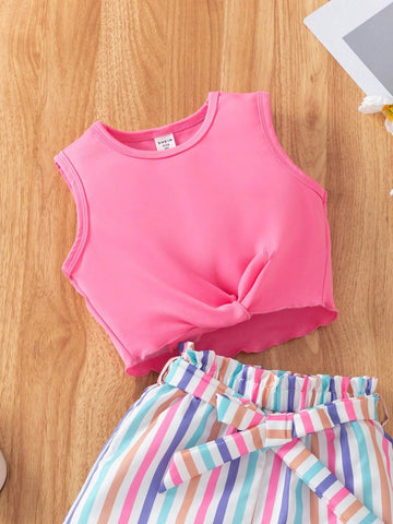 Little Girls" Fashionable Casual Solid Color Vest With Butterfly Knot Top & Striped Belted Shorts Outfit For Summer