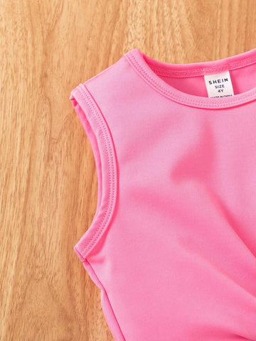 Little Girls" Fashionable Casual Solid Color Vest With Butterfly Knot Top & Striped Belted Shorts Outfit For Summer