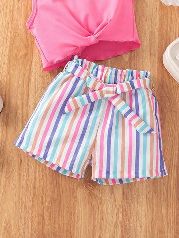 Little Girls" Fashionable Casual Solid Color Vest With Butterfly Knot Top & Striped Belted Shorts Outfit For Summer