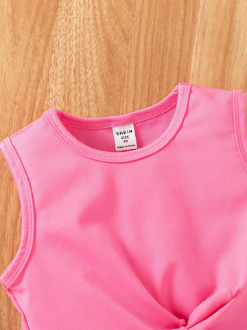 Little Girls" Fashionable Casual Solid Color Vest With Butterfly Knot Top & Striped Belted Shorts Outfit For Summer