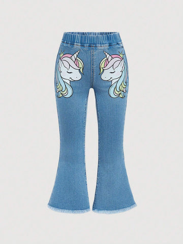 Little Girls' Fashionable, Casual, Street-Style, Outdoor, Active, Lovely Jeans With Print And Washed-Out Design