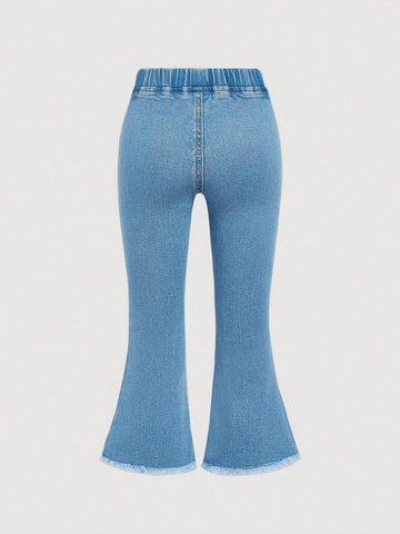 Little Girls' Fashionable, Casual, Street-Style, Outdoor, Active, Lovely Jeans With Print And Washed-Out Design