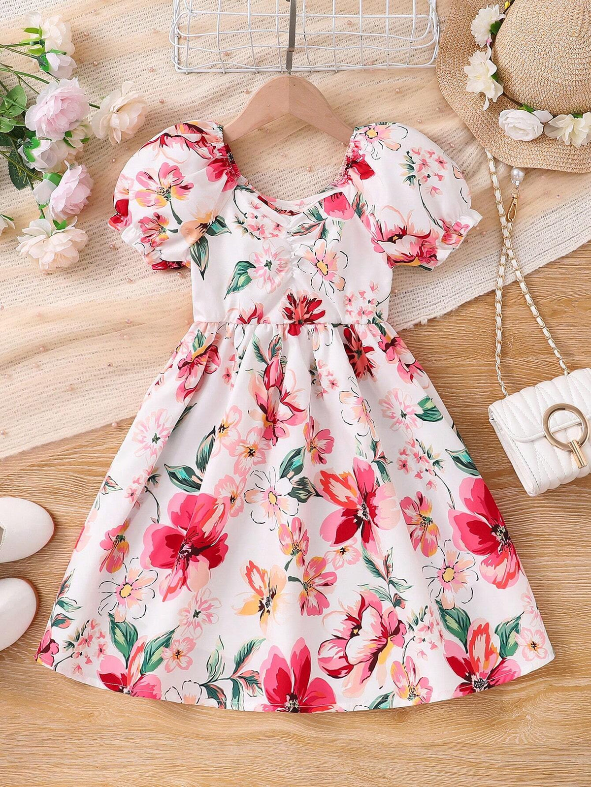 Little Girl's Floral Print Puff Sleeve Dress
