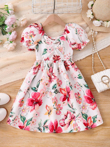 Little Girl's Floral Print Puff Sleeve Dress