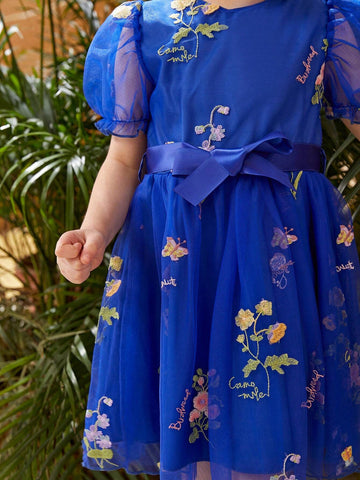 Little Girl's Flower Embroidery & Mesh Patchwork Dress