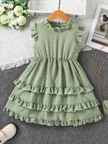 Little Girls' Frill Pleated Hem Flutter Sleeve Dress