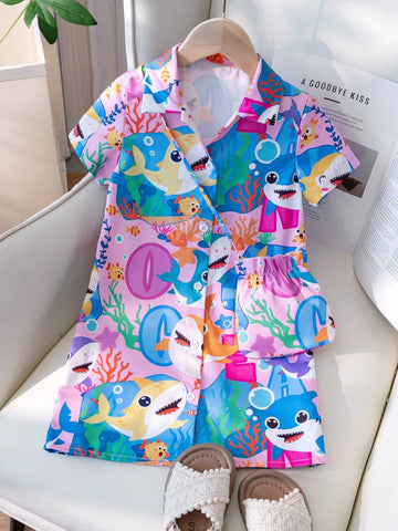 Little Girls' Fun Tropical Ocean Animals Print Beach Vacation Set With Shoulder Bag Lining Shirt Dress.