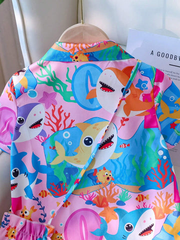 Little Girls' Fun Tropical Ocean Animals Print Beach Vacation Set With Shoulder Bag Lining Shirt Dress.