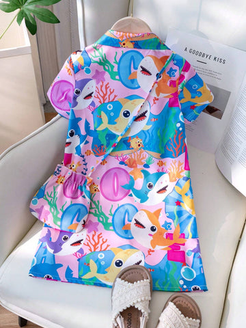 Little Girls' Fun Tropical Ocean Animals Print Beach Vacation Set With Shoulder Bag Lining Shirt Dress.