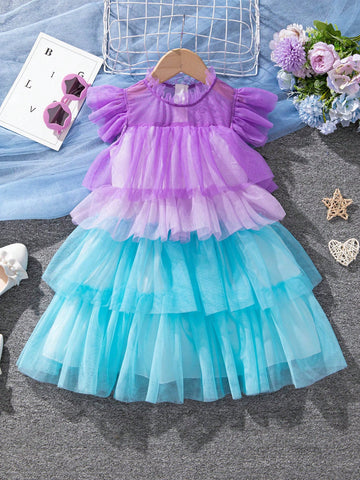 Little Girls' Gradient Multilayer Mesh Dress