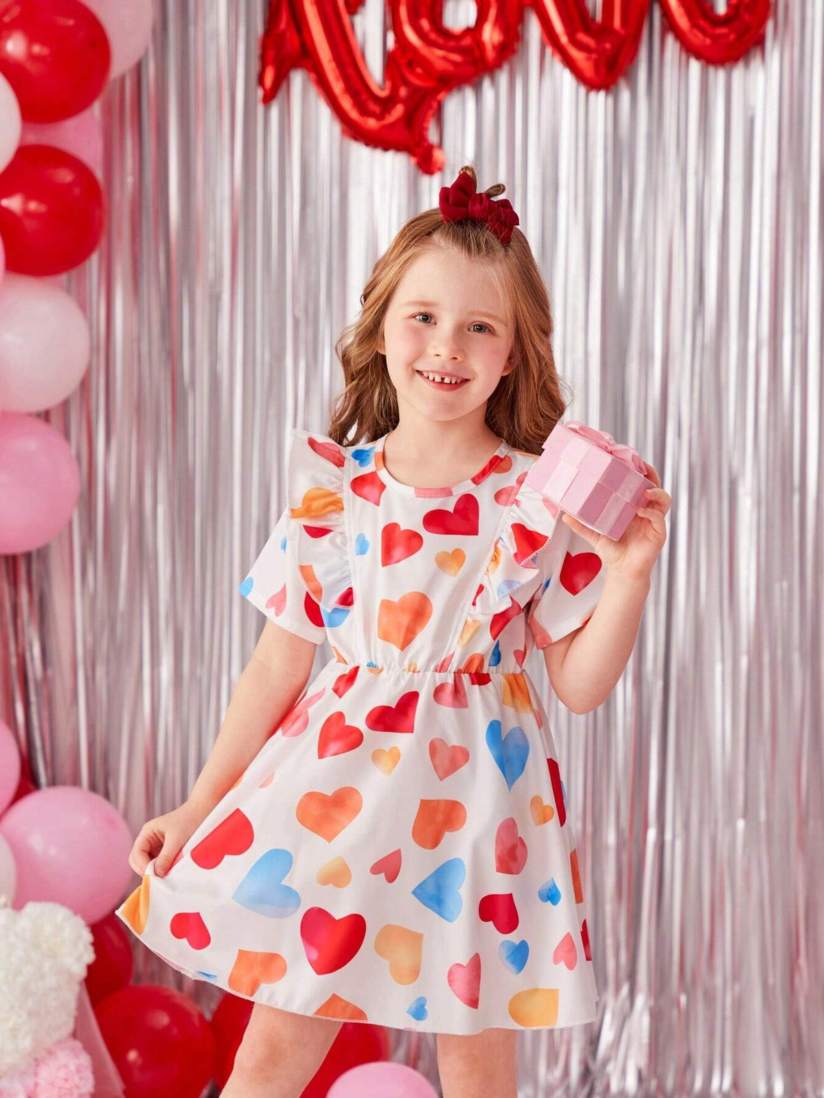 Little Girls' Heart Print Patchwork Ruffle Hem Short Sleeve Dress