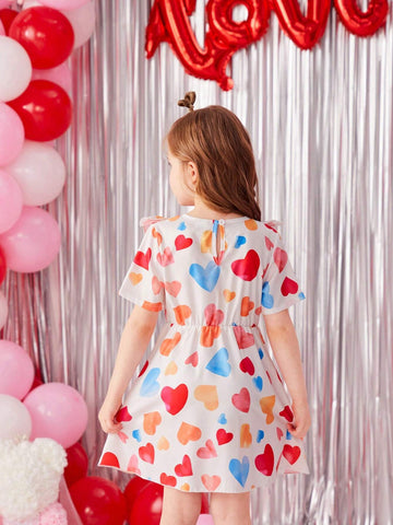 Little Girls' Heart Print Patchwork Ruffle Hem Short Sleeve Dress
