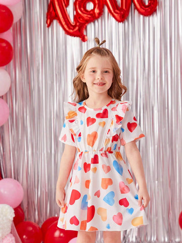 Little Girls' Heart Print Patchwork Ruffle Hem Short Sleeve Dress