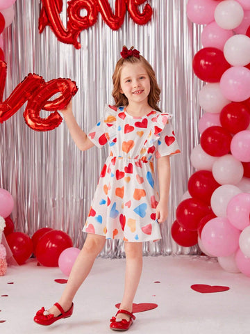 Little Girls' Heart Print Patchwork Ruffle Hem Short Sleeve Dress
