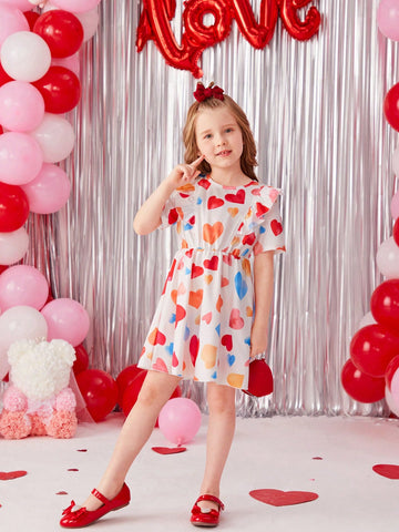 Little Girls' Heart Print Patchwork Ruffle Hem Short Sleeve Dress