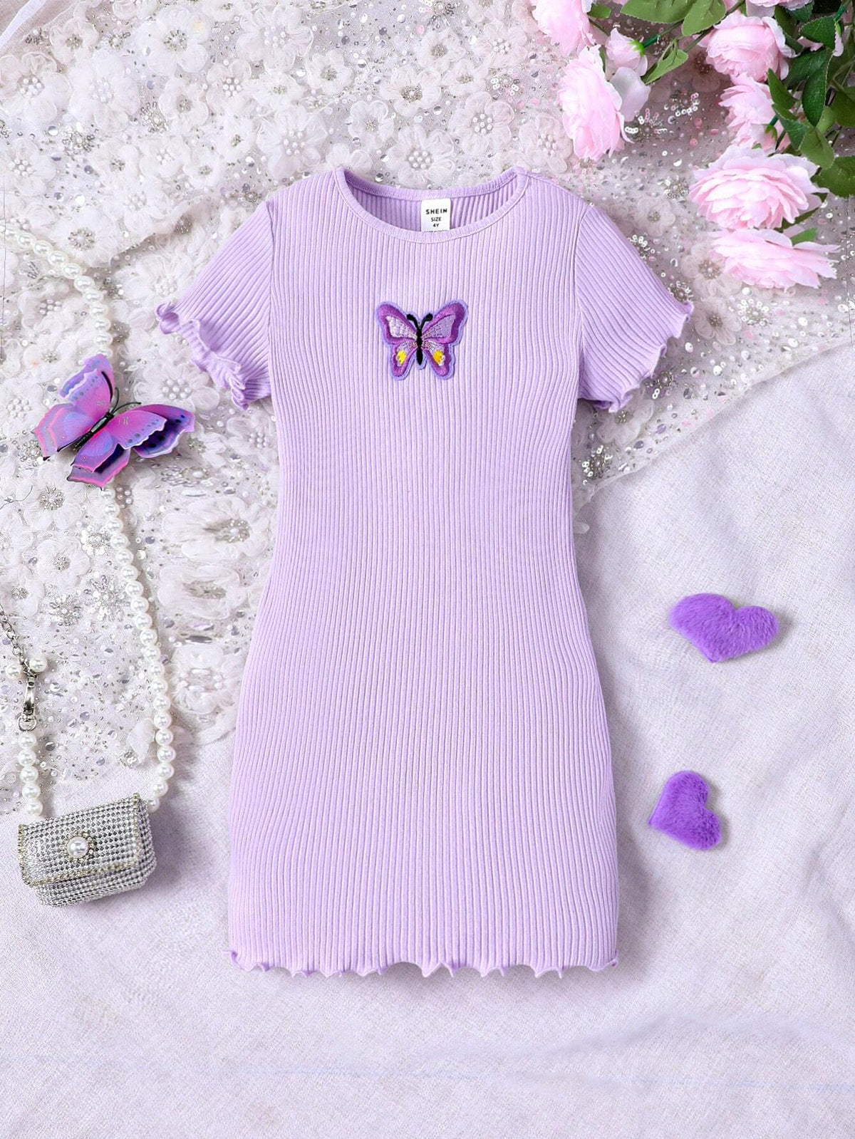 Little Girls' Knitted Solid Color Round Neck Butterfly Patterned Casual Dress