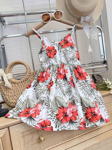 Little Girls' Pleated Floral Print Vacation Style Spaghetti Strap Dress