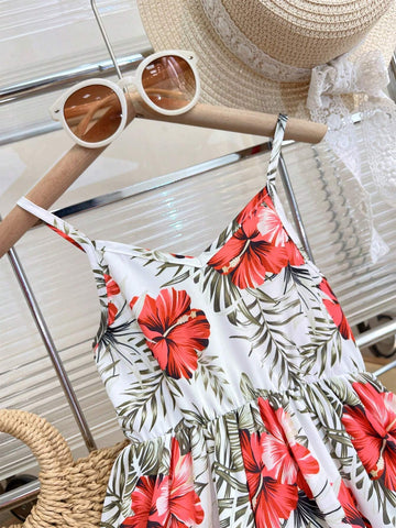 Little Girls' Pleated Floral Print Vacation Style Spaghetti Strap Dress
