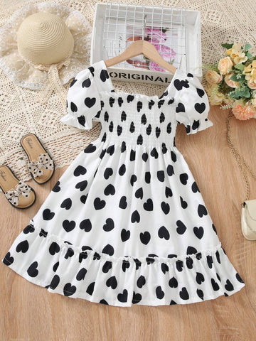 Little Girl's Retro Elegant Square Neck, Right Shoulder, Short-Sleeved, Long Love Printed Cable Dress, Summer