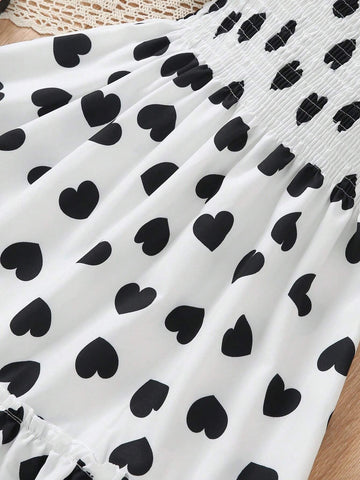 Little Girl's Retro Elegant Square Neck, Right Shoulder, Short-Sleeved, Long Love Printed Cable Dress, Summer