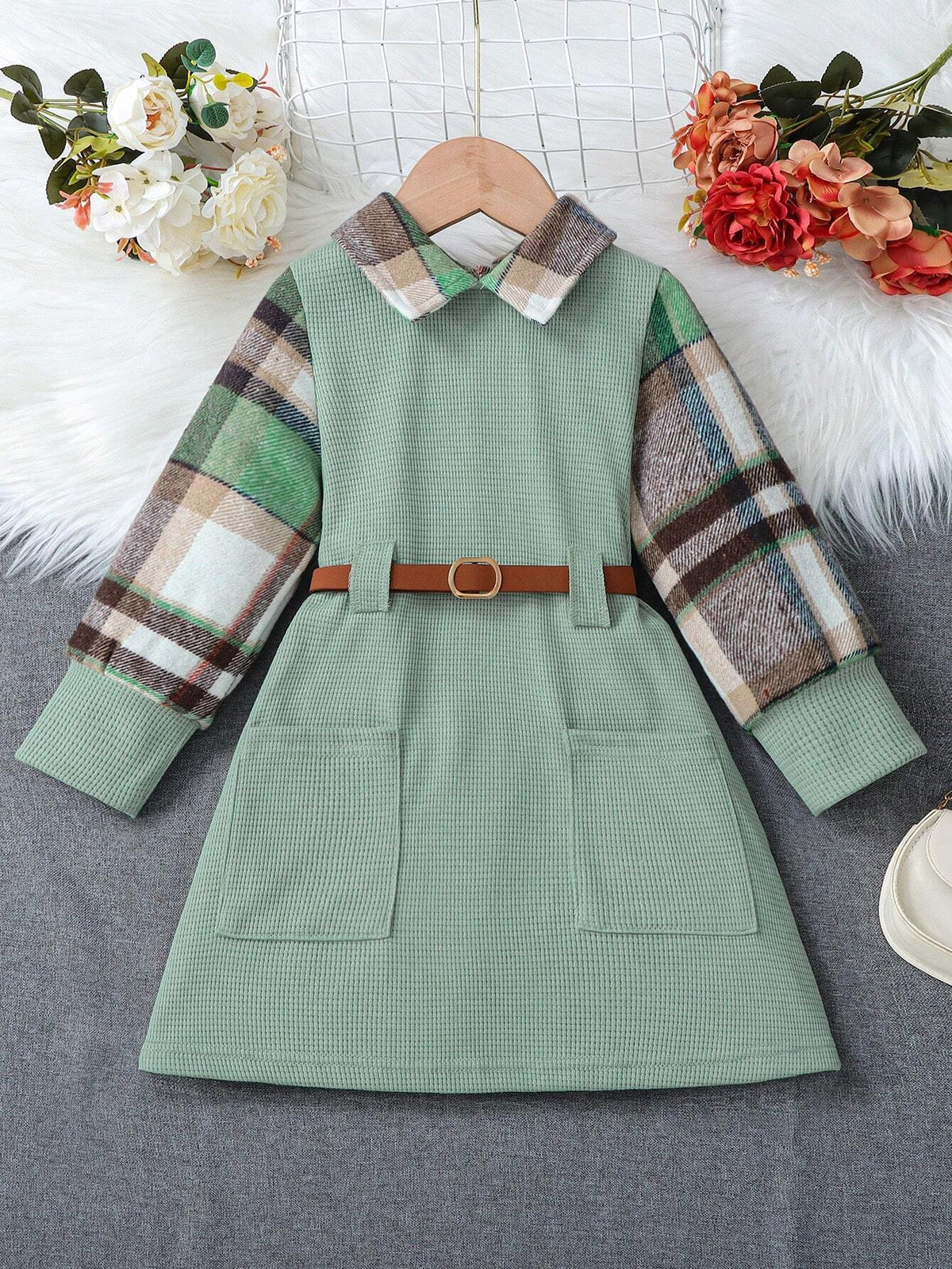 (Little) Girls' Solid Color Patchwork Lapel Long Sleeve Pocket Casual Dress