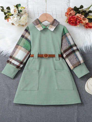 (Little) Girls' Solid Color Patchwork Lapel Long Sleeve Pocket Casual Dress