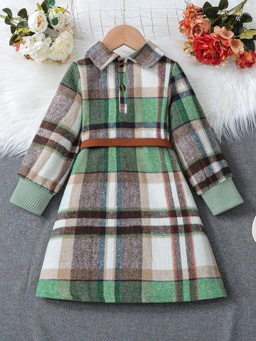 (Little) Girls' Solid Color Patchwork Lapel Long Sleeve Pocket Casual Dress