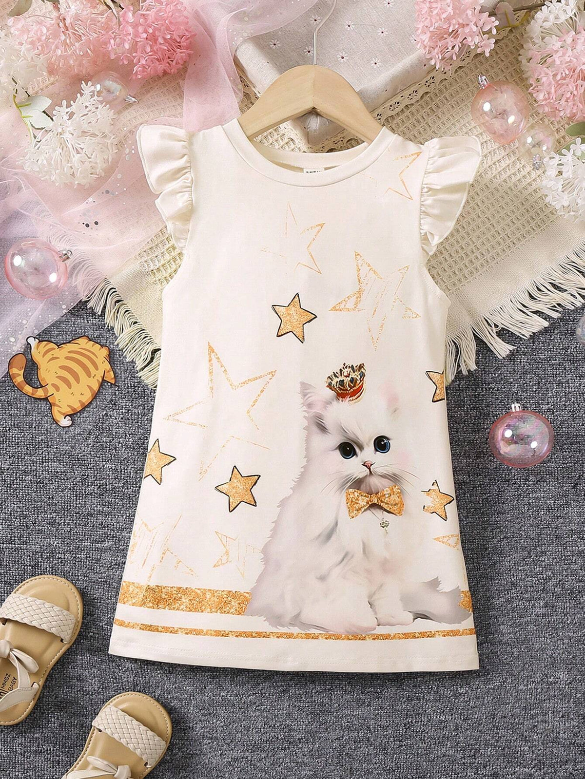 Little Girls' Star & Cat Print Flying Sleeve Dress