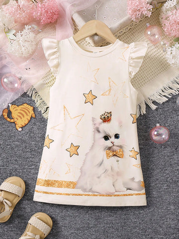 Little Girls' Star & Cat Print Flying Sleeve Dress
