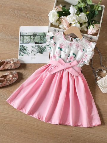 Little Girls' Summer Flower Print Patchwork Flying Sleeve A-Line Dress With Elastic Waist