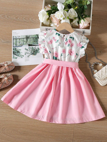 Little Girls' Summer Flower Print Patchwork Flying Sleeve A-Line Dress With Elastic Waist