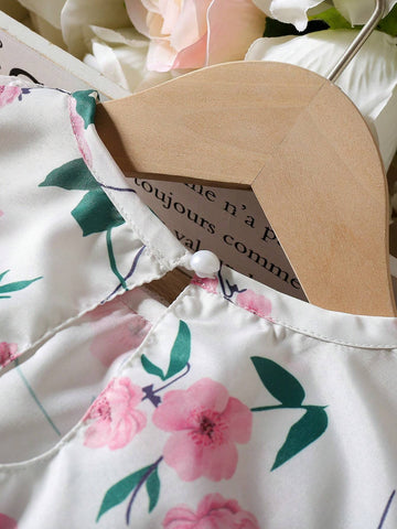Little Girls' Summer Flower Print Patchwork Flying Sleeve A-Line Dress With Elastic Waist