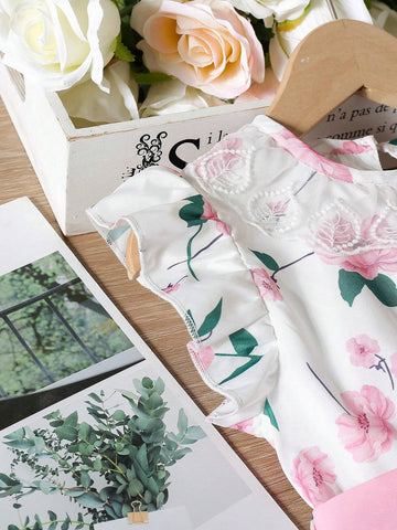 Little Girls' Summer Flower Print Patchwork Flying Sleeve A-Line Dress With Elastic Waist