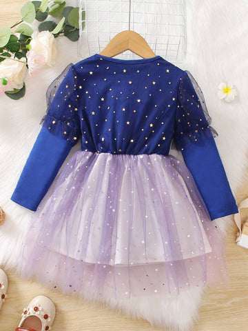 Little Young Girl' Bubble Sleeves Sparkling Contrast Mesh Party Dress