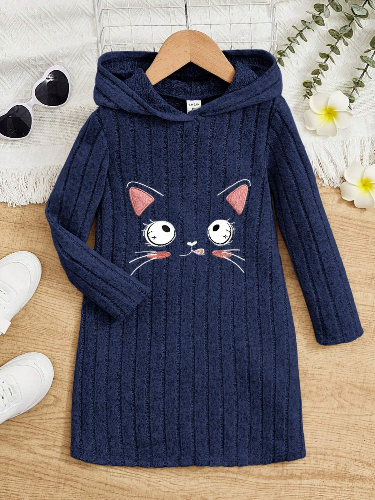 Loose Fit Hoodie Dress With Facial Expression Print For Young Girl