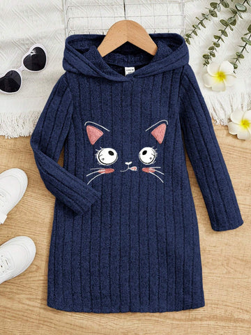 Loose Fit Hoodie Dress With Facial Expression Print For Young Girl