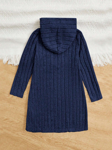 Loose Fit Hoodie Dress With Facial Expression Print For Young Girl