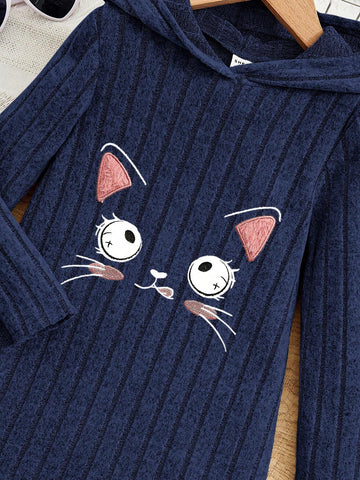 Loose Fit Hoodie Dress With Facial Expression Print For Young Girl