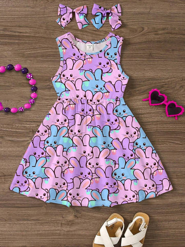 Lovely Colorful Rabbit Print Young Girl Casual Minimalist Sleeveless Midi Dress