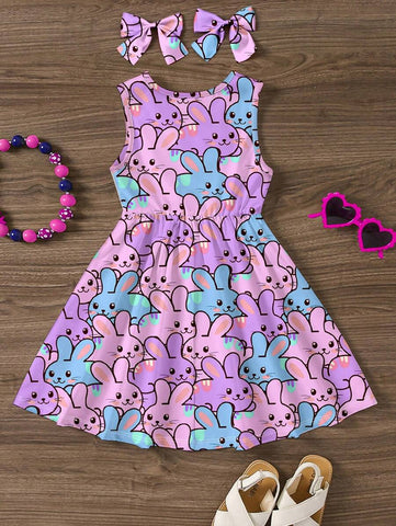 Lovely Colorful Rabbit Print Young Girl Casual Minimalist Sleeveless Midi Dress