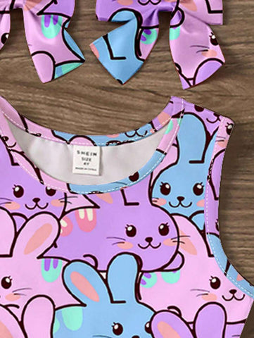 Lovely Colorful Rabbit Print Young Girl Casual Minimalist Sleeveless Midi Dress