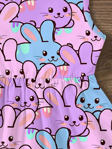 Lovely Colorful Rabbit Print Young Girl Casual Minimalist Sleeveless Midi Dress