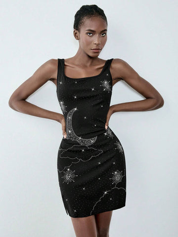 1pc Women Casual Short Dress With Graphic Shoulder Strap Detail, Minimalist Style