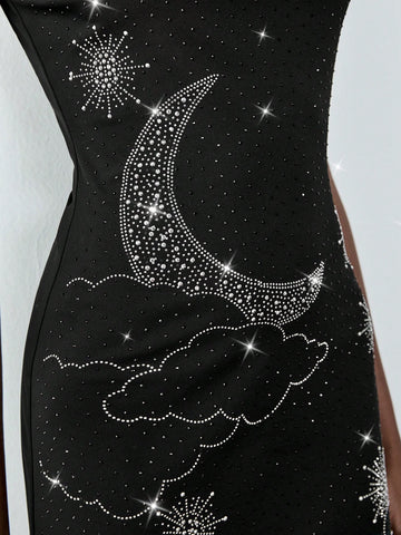 1pc Women Casual Short Dress With Graphic Shoulder Strap Detail, Minimalist Style