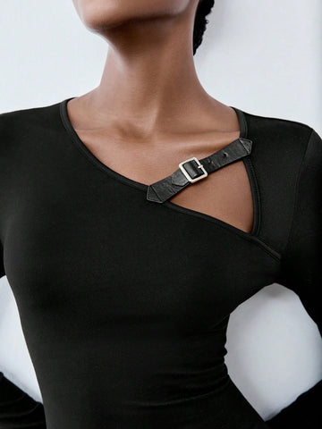 Black Knitted Elastic, Cutout Neckline, Belt Buckle Decor Women's Dress