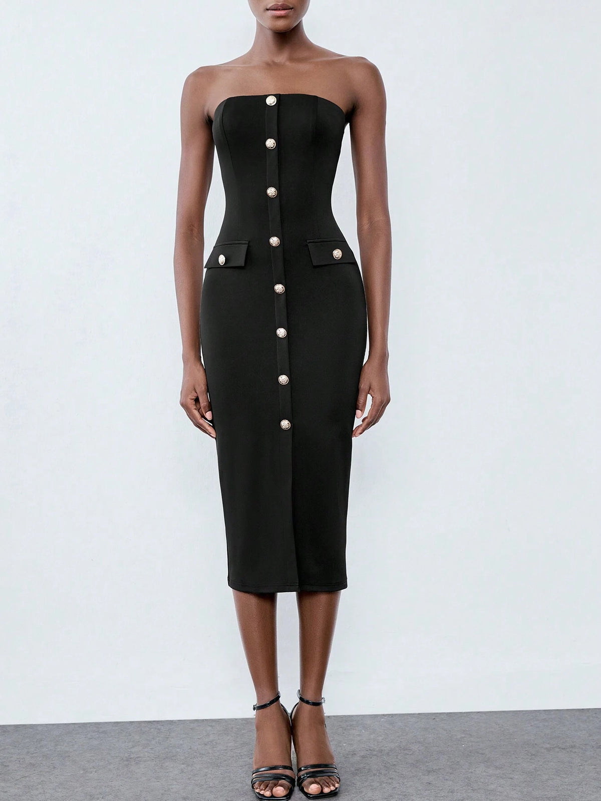 Black Metal Buckle Decor Cinched Waist Women's Slip Dress