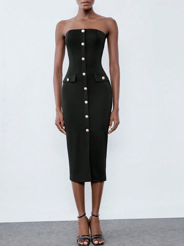 Black Metal Buckle Decor Cinched Waist Women's Slip Dress