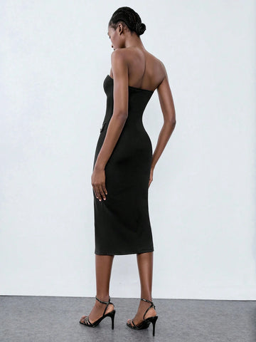 Black Metal Buckle Decor Cinched Waist Women's Slip Dress