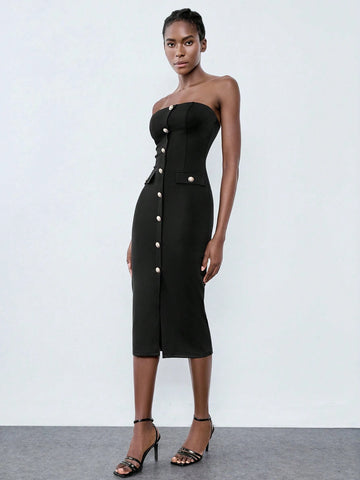 Black Metal Buckle Decor Cinched Waist Women's Slip Dress