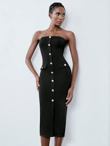 Black Metal Buckle Decor Cinched Waist Women's Slip Dress